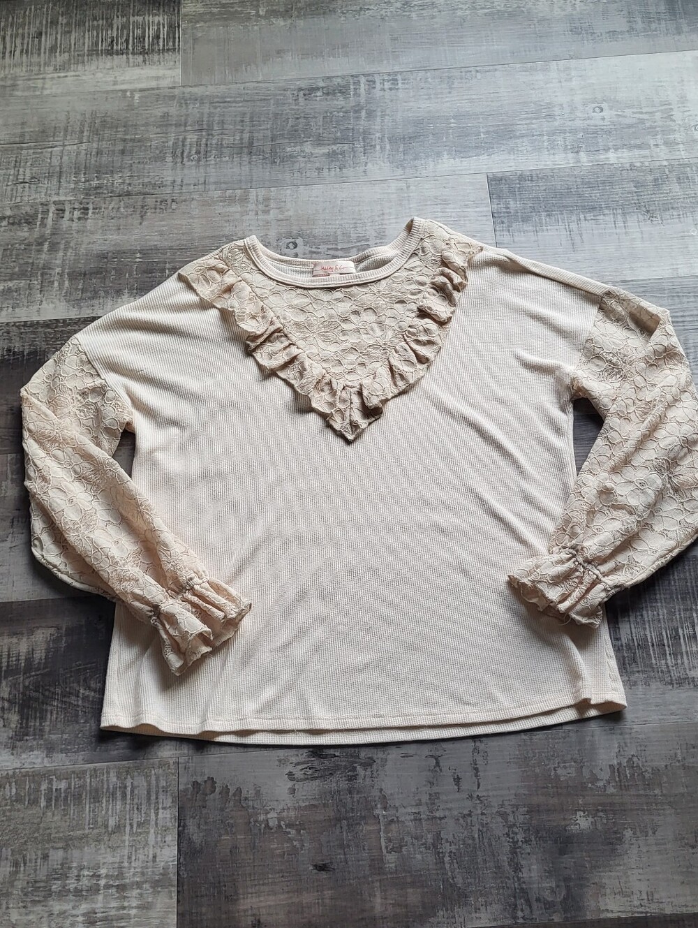 Hailey & Co Womens Medium Lace Floral Boho Peasant Tunic Top Waffle Knit Cream